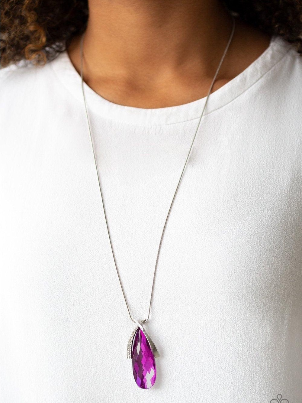 Purple Teardrop Crystal Pendant Necklace - Silver